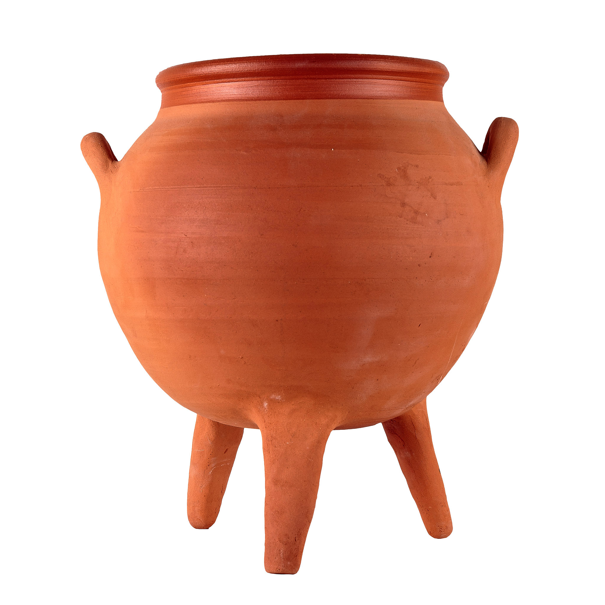 Three-footed terracotta cooking pot shown from the front, Archaeopolis Objects archive