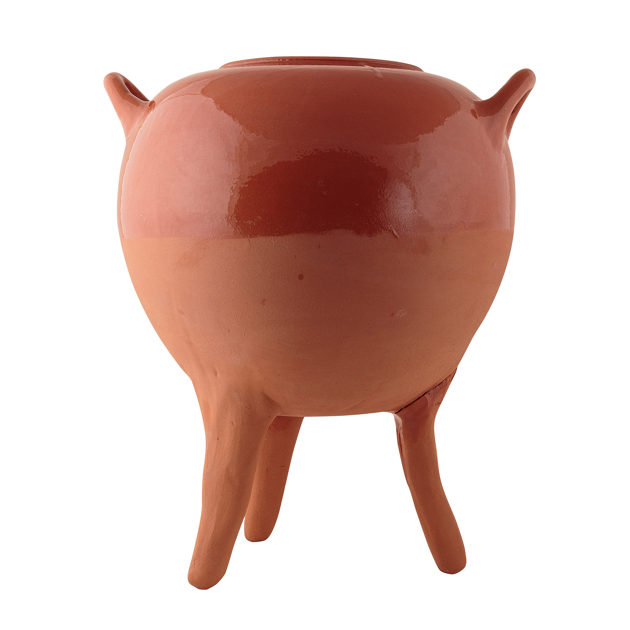 Three-footed terracotta cooking pot shown in three-quarter view, Archaeopolis Objects archive