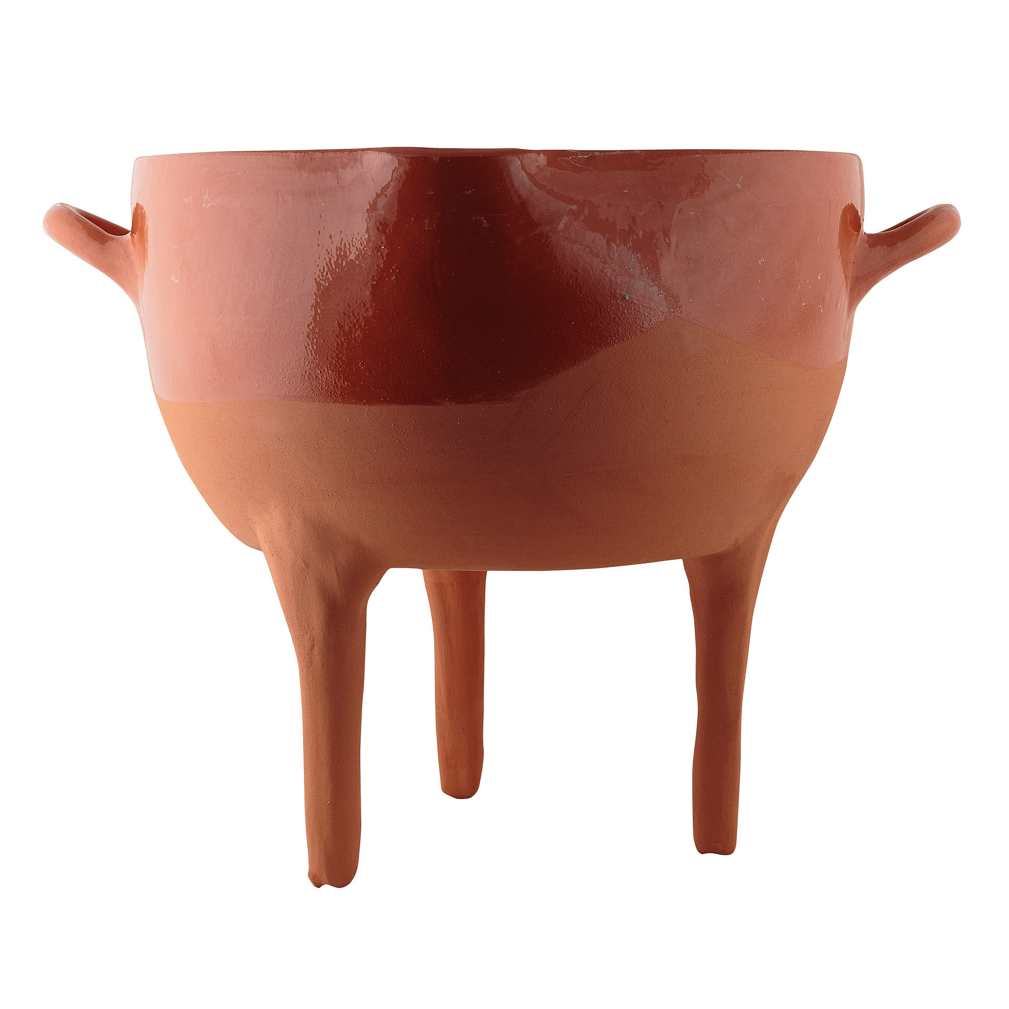 Three-footed terracotta cooking pot shown from the side, Archaeopolis Objects archive