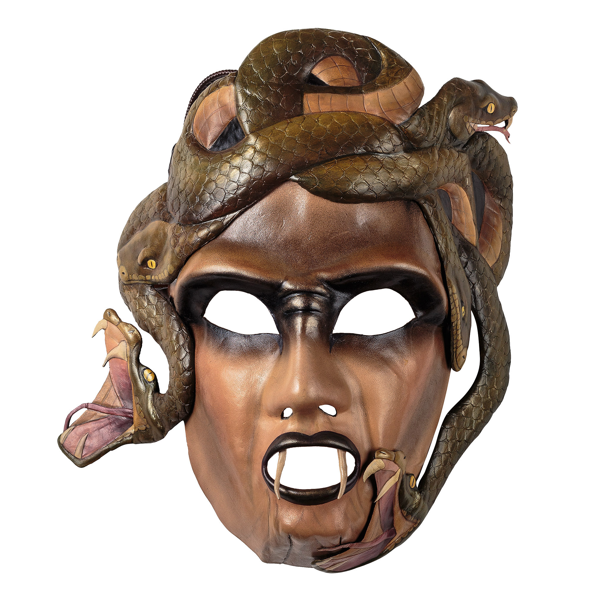 Sculptural Gorgon mask with serpentine hair and bronze-toned painted surface, Archaeopolis Objects archive