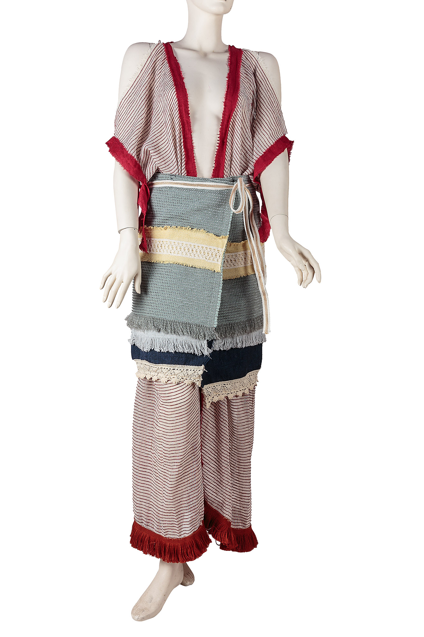 Layered historical dress ensemble with red, grey and cream woven textiles, Archaeopolis Objects archive