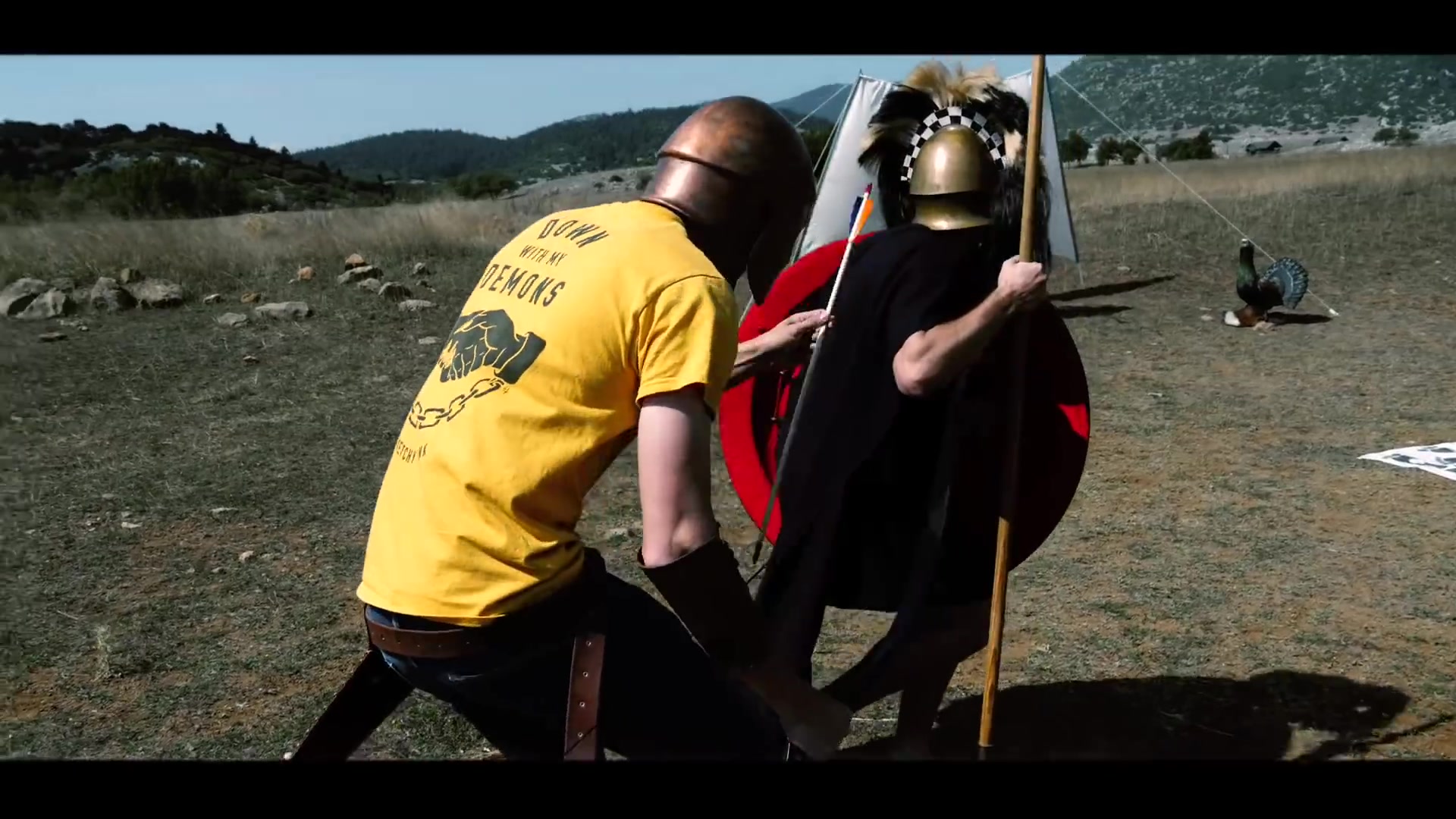 Archery activity with helmet, spear and round shield
