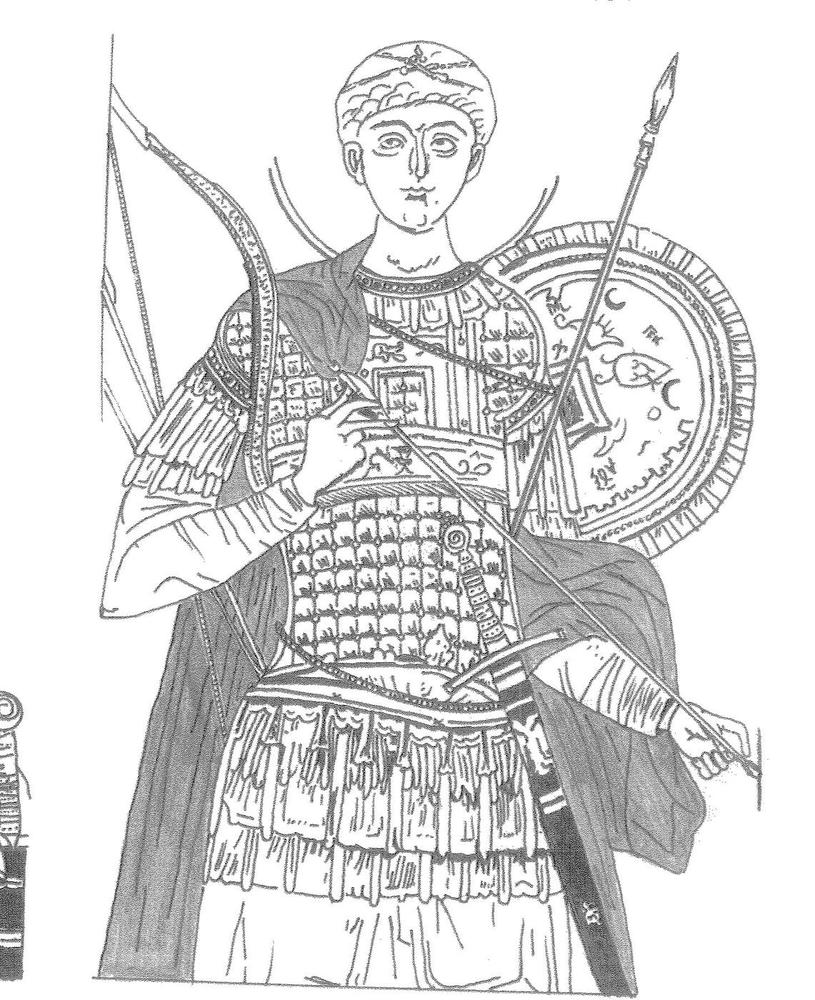Armour Sword Source Drawing | Athens Hoplites Project Research drawing of an armoured warrior carrying a sword and decorated shield