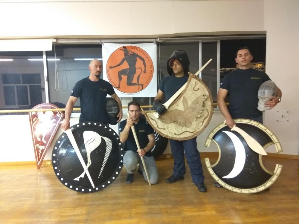 Club Group Shields | Athens Hoplites Project Athens Hoplites training group posed with its reconstructed shield collection