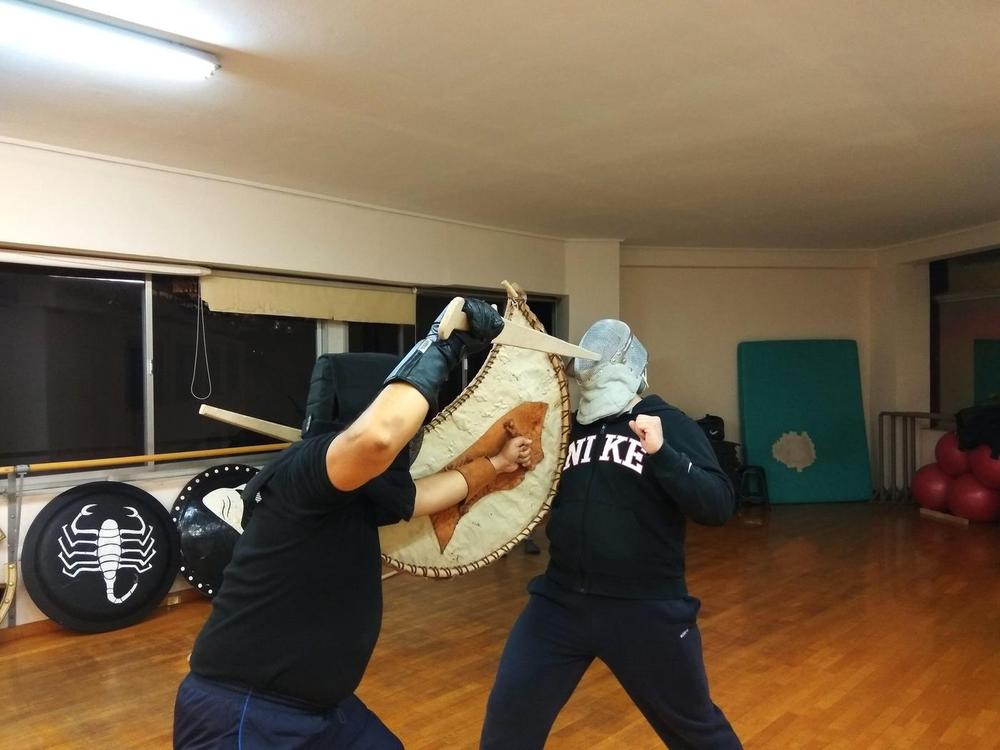 Paired Shield Sword Drill | Athens Hoplites Project Two Athens Hoplites students training with swords, helmets and reconstructed shields