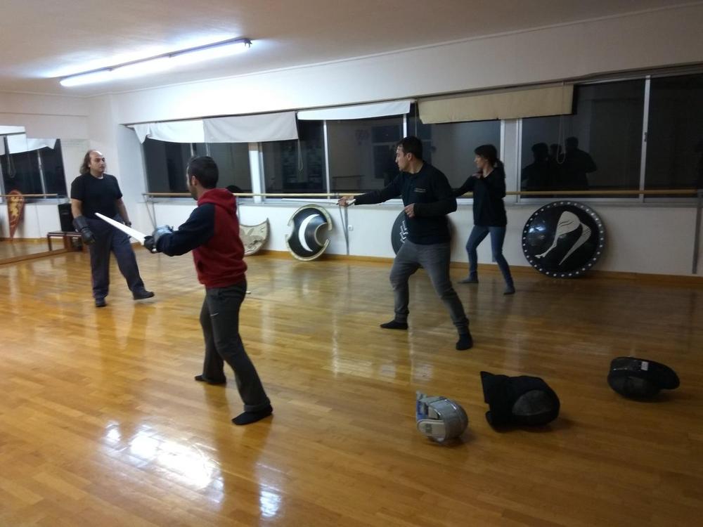 Paired Sword Training | Athens Hoplites Project Students practising paired sword technique in the Athens training hall