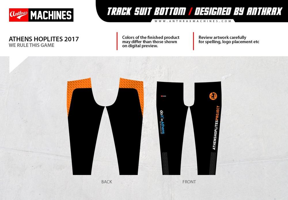 Track Pants Design | Athens Hoplites Project Black Athens Hoplites track-pants design with orange project emblem