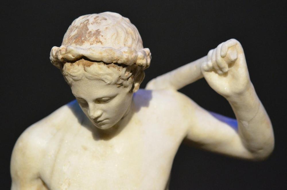 Athlete Statue Raised Arm | Athens Hoplites Project Marble statue of a youthful athlete with one arm raised