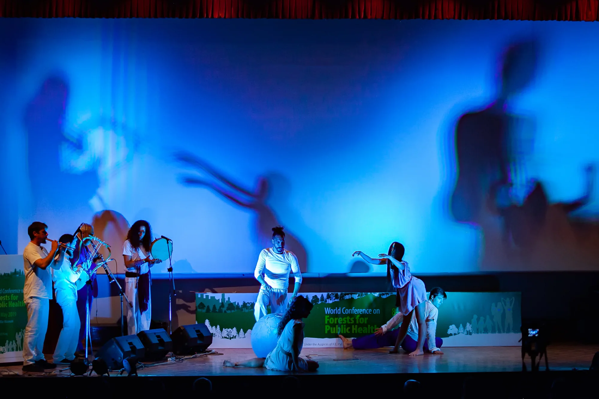Four dancers perform at different levels beside live musicians, with enlarged shadows across the backdrop.