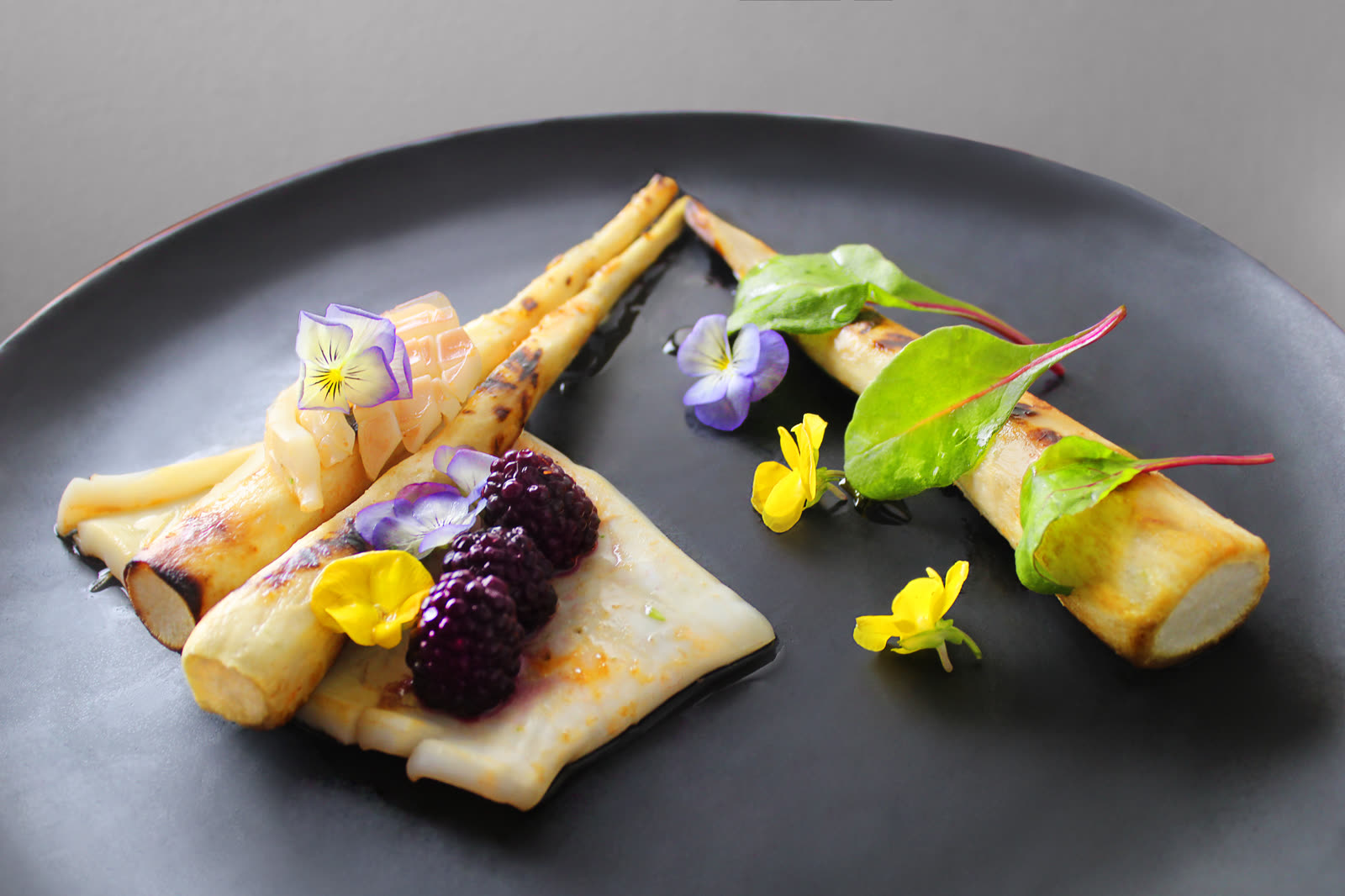 Plated vegetables, berries and edible flowers from the private Mykonos event menu