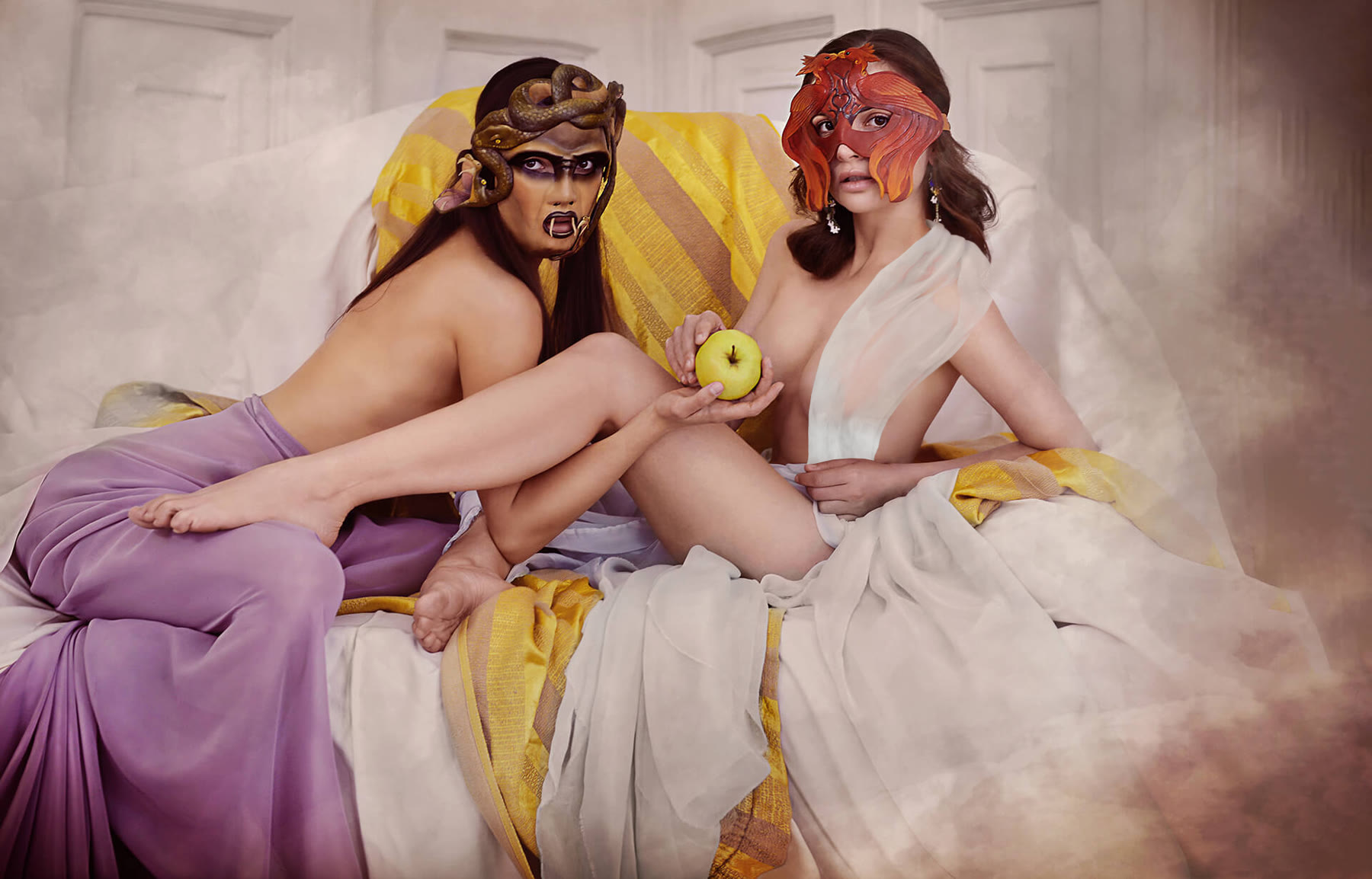 Two masked mythological characters from the Archaeopolis Mykonos event