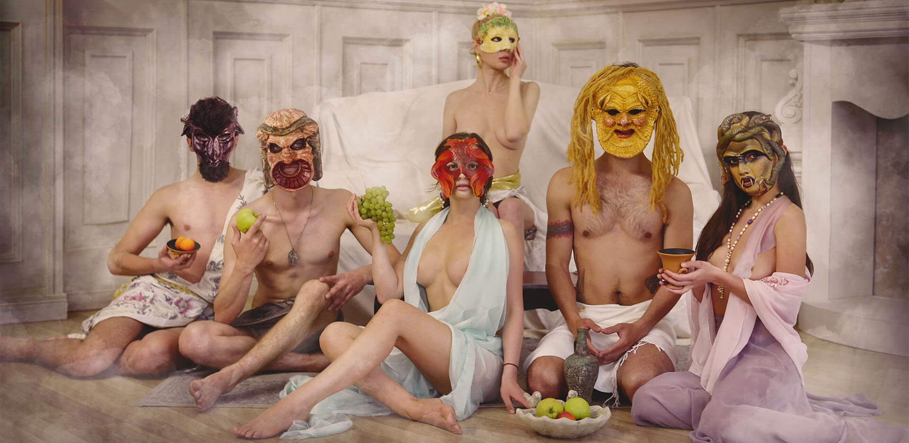Masked mythological ensemble created by Archaeopolis for the private Mykonos event