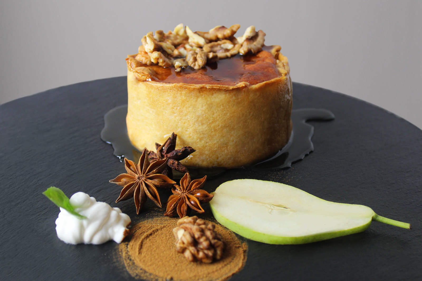 Spiced pastry with pear and walnuts served during the private event in Mykonos