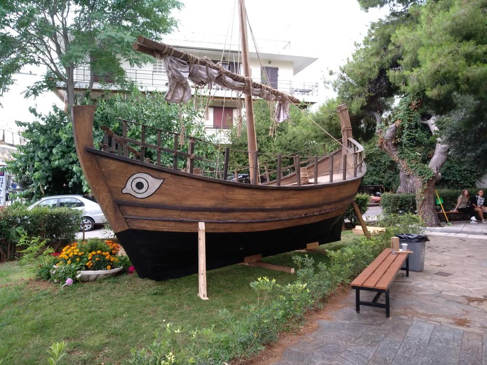 Public Display | Archaeopolis Olkas Ship Front view of the Olkas ship installed as a public display on land