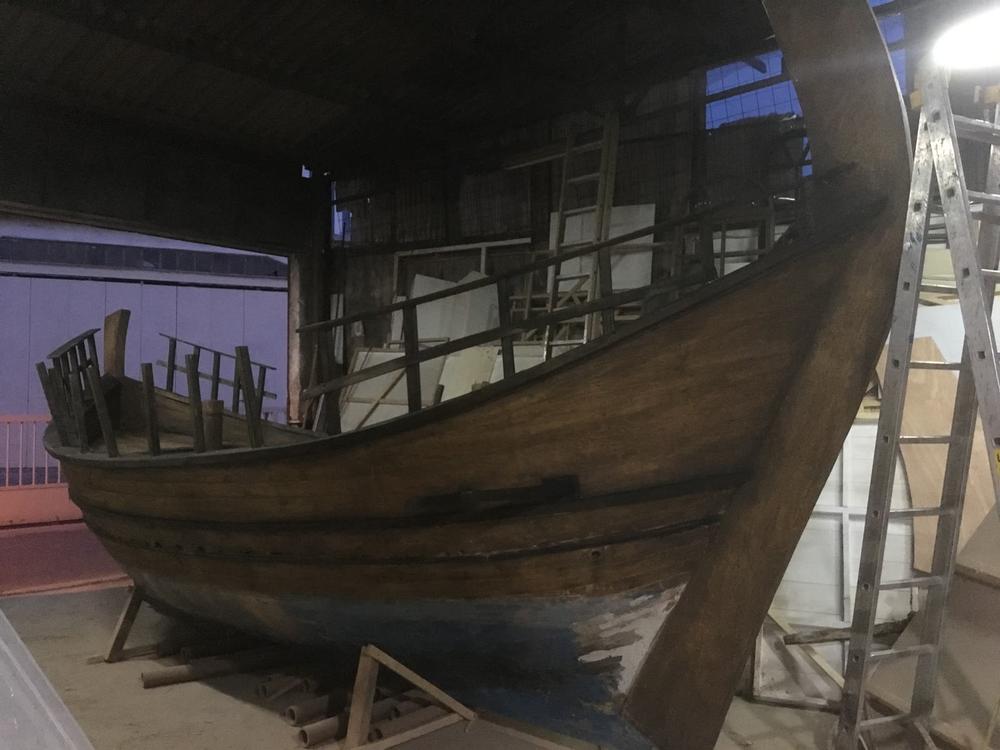 Timber Hull in the Workshop | Archaeopolis Olkas Ship The timber hull of the Archaeopolis Olkas ship during workshop reconstruction
