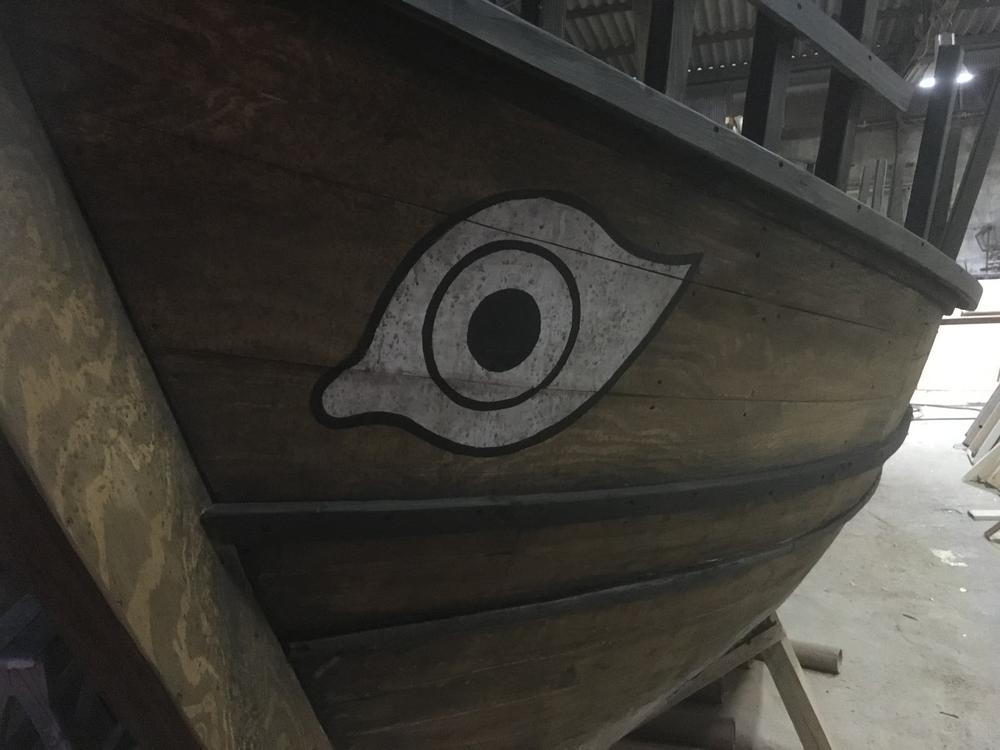 The Painted Bow | Archaeopolis Olkas Ship Painted eye motif on the bow of the Archaeopolis Olkas ship during reconstruction
