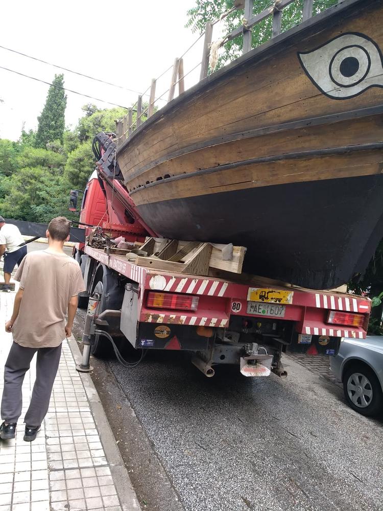 Transporting the Ship | Archaeopolis Olkas Ship Archaeopolis Olkas ship secured for transport to a new installation