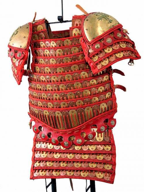 Red-laced lamellar armour · torso and shoulder construction.