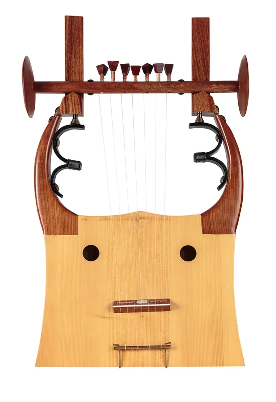 Seven-string kithara with a broad wooden soundbox, two sound holes and curved decorated arms