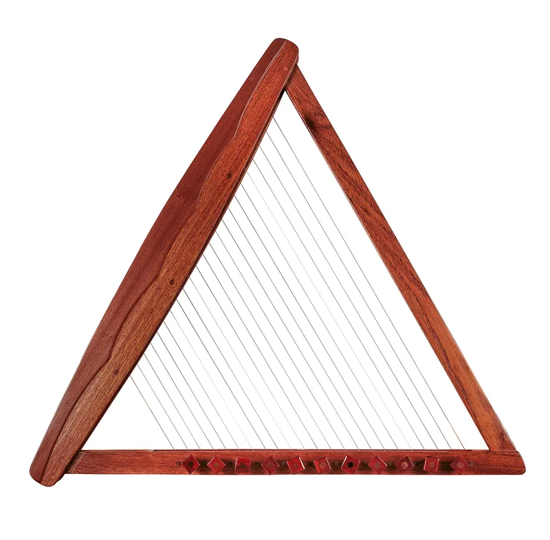Triangular wooden harp with strings of graduated length and tuning pegs along the base