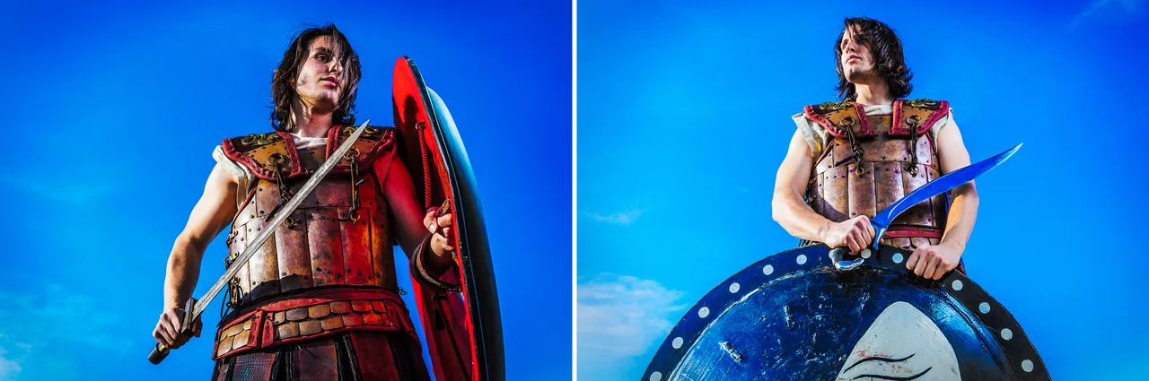 Two photographs of a man in bronze-coloured armour with red edging against a blue sky, holding a sword and a round shield in two different poses
