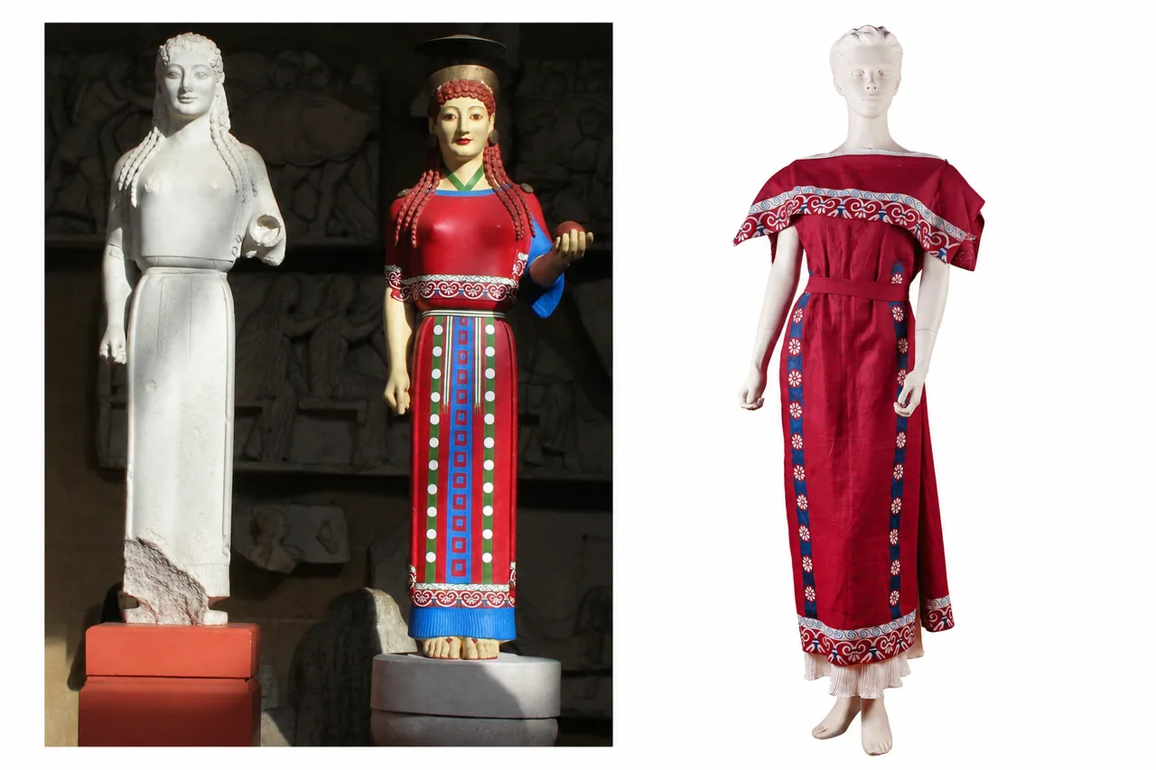 Comparison of a Peplos Kore reference and painted interpretation on the left with a red decorated costume on a mannequin on the right