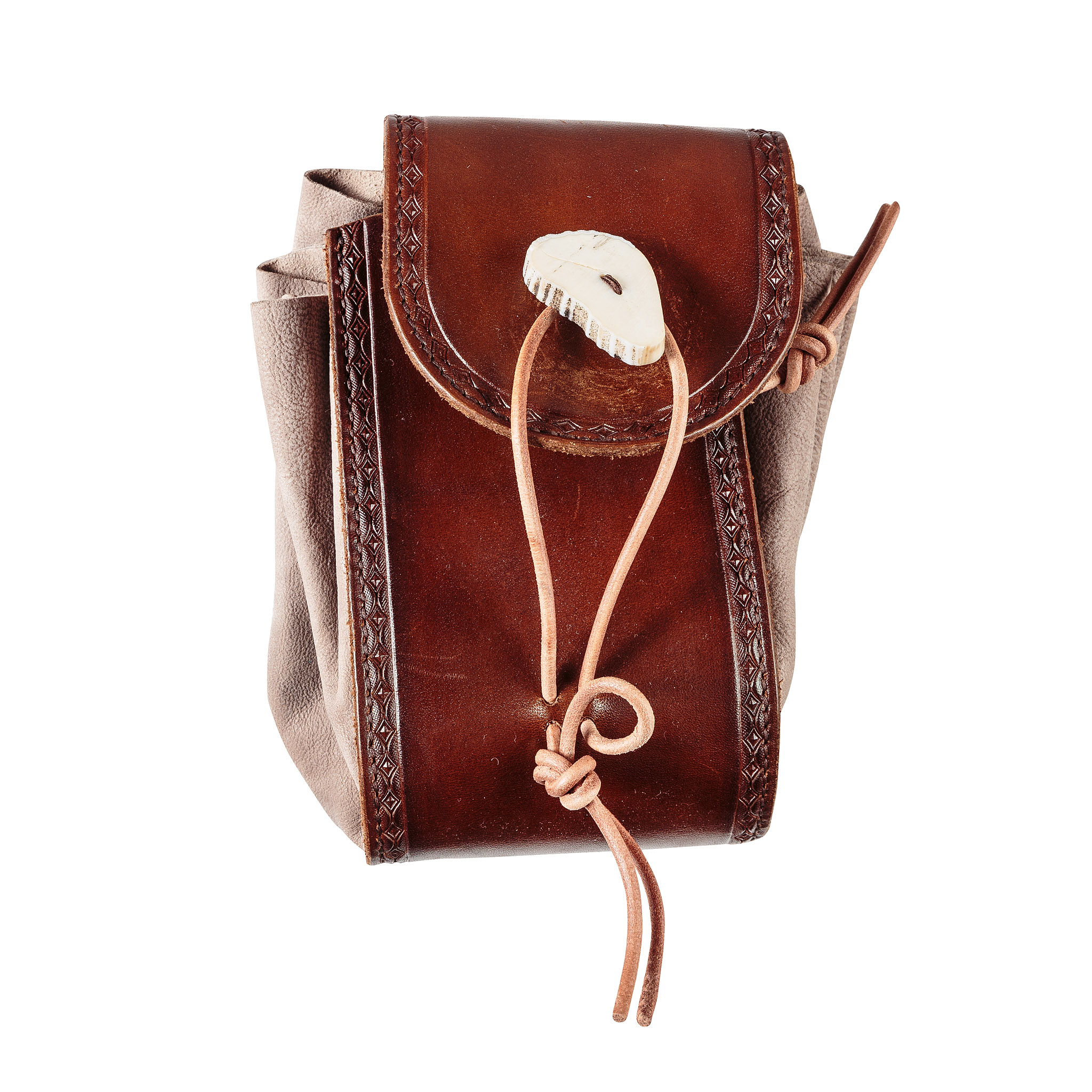 Brown leather pouch with decorative edging, a pale toggle and cord fastening