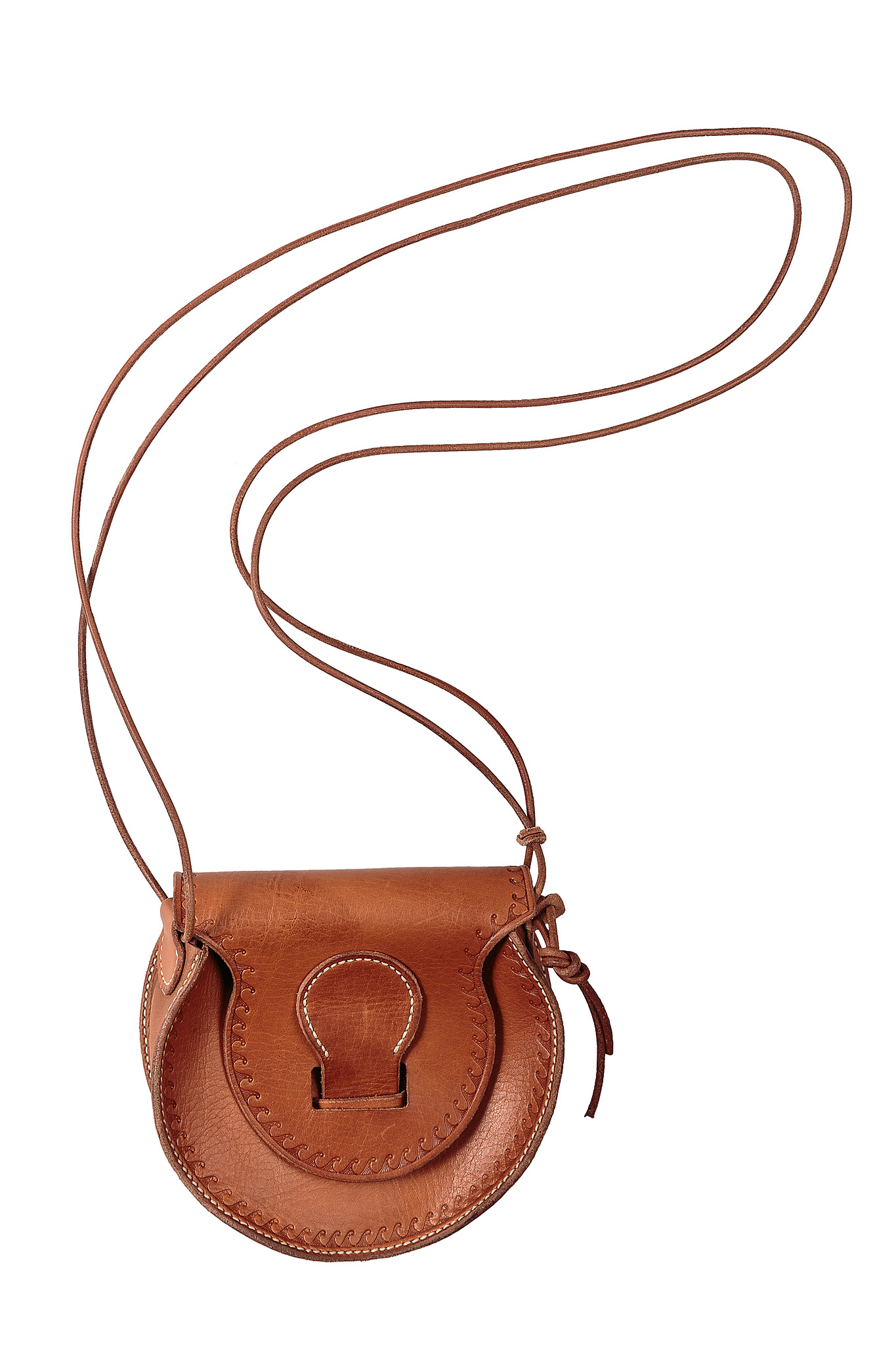 Rounded brown leather shoulder bag with stitched edges and a narrow cord strap