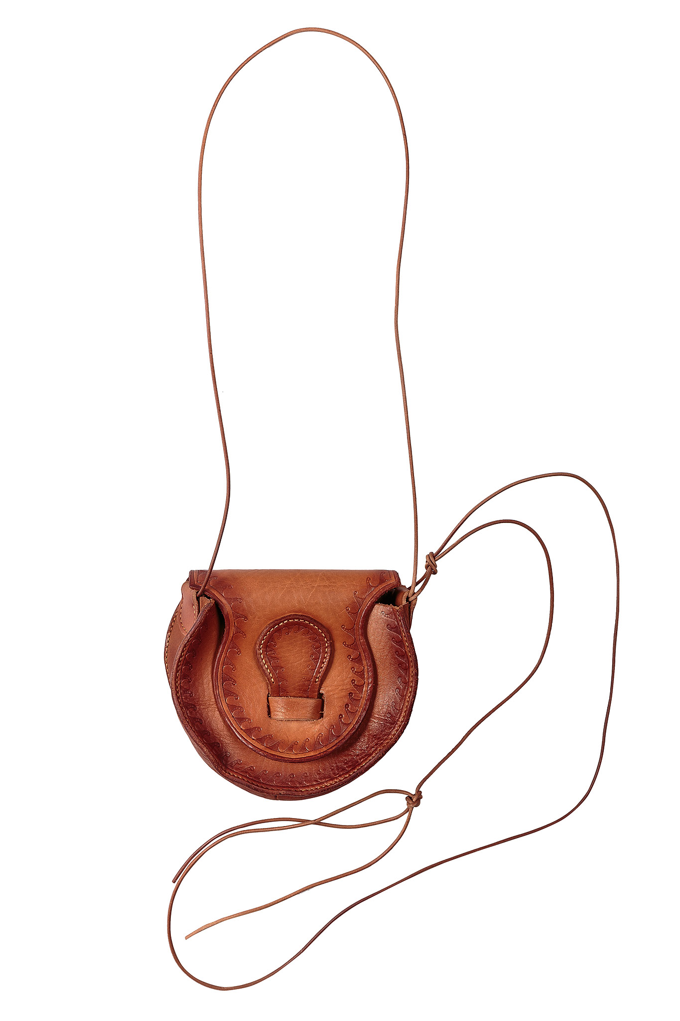 Small brown leather shoulder pouch with a flap closure and long cord strap