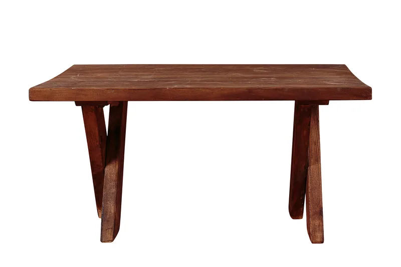 Rectangular wooden table with a thick plank top and outward-angled legs