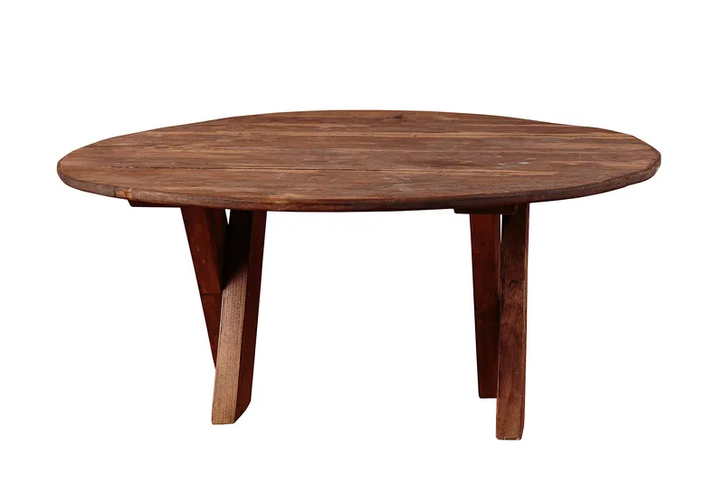 Round wooden table with a dark plank top and splayed legs