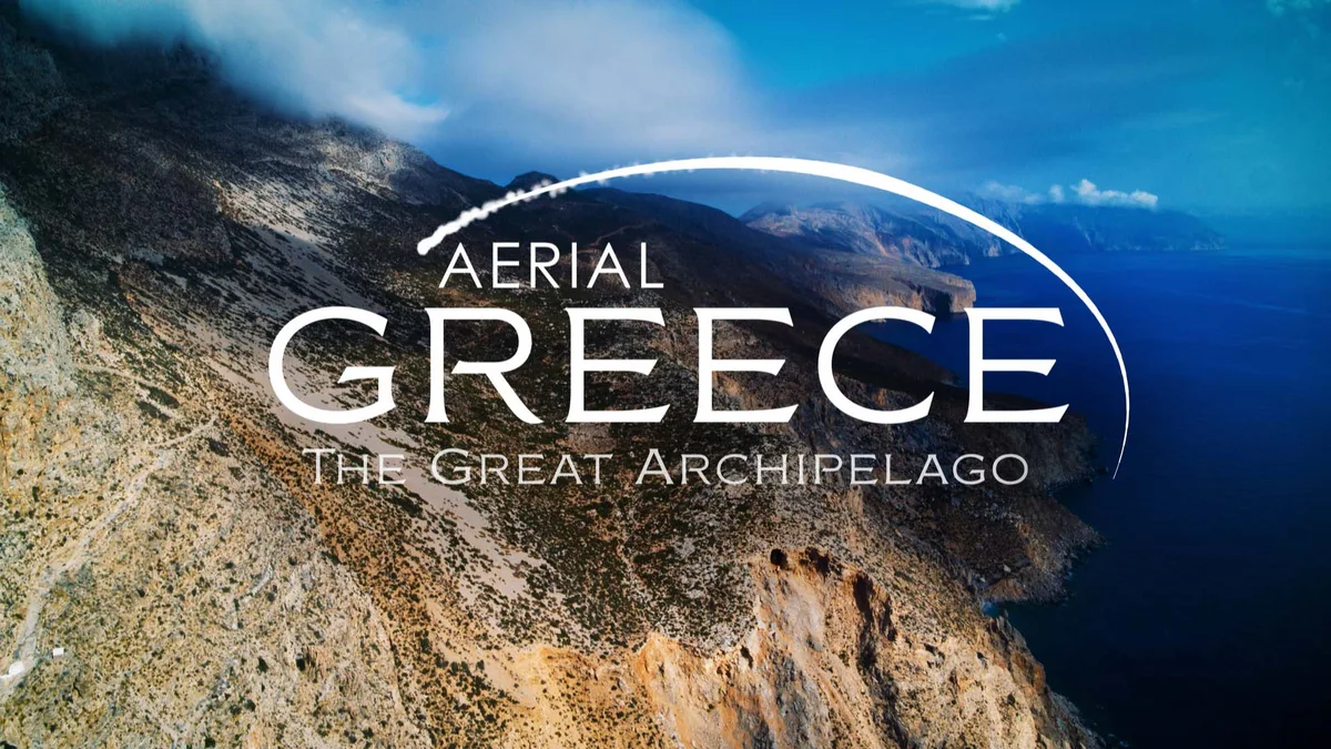 Aerial Greece title over an aerial island coastline