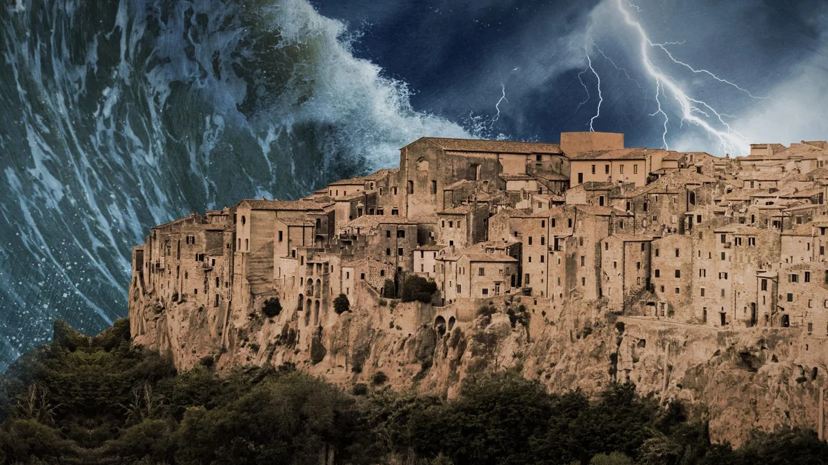 A computer-generated wave approaching an ancient city in the Helike episode