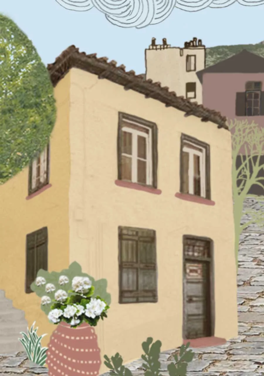 An illustrated house facade in the Nepheles festival publicity image
