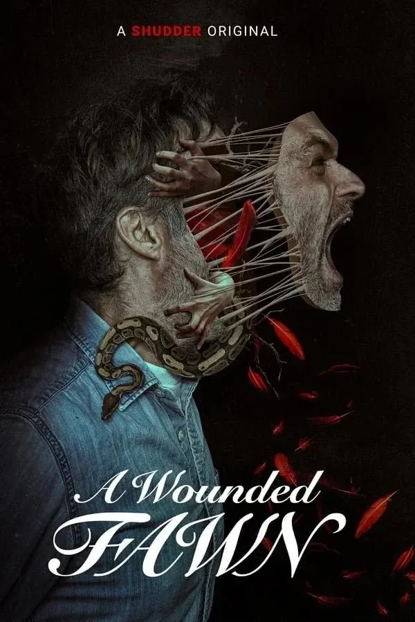 A Wounded Fawn official Shudder poster with a surreal profile and red feather motif