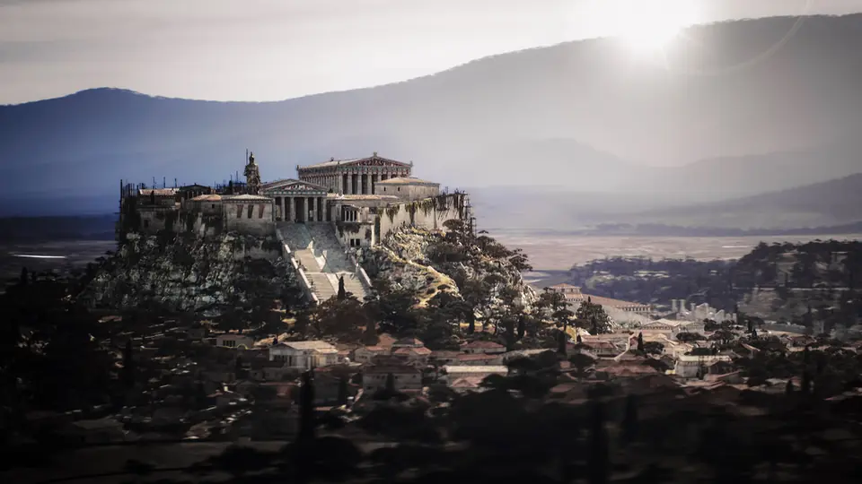 Official Ancient Greece – The Dark Chronicles key visual showing the ancient Acropolis and surrounding city.
