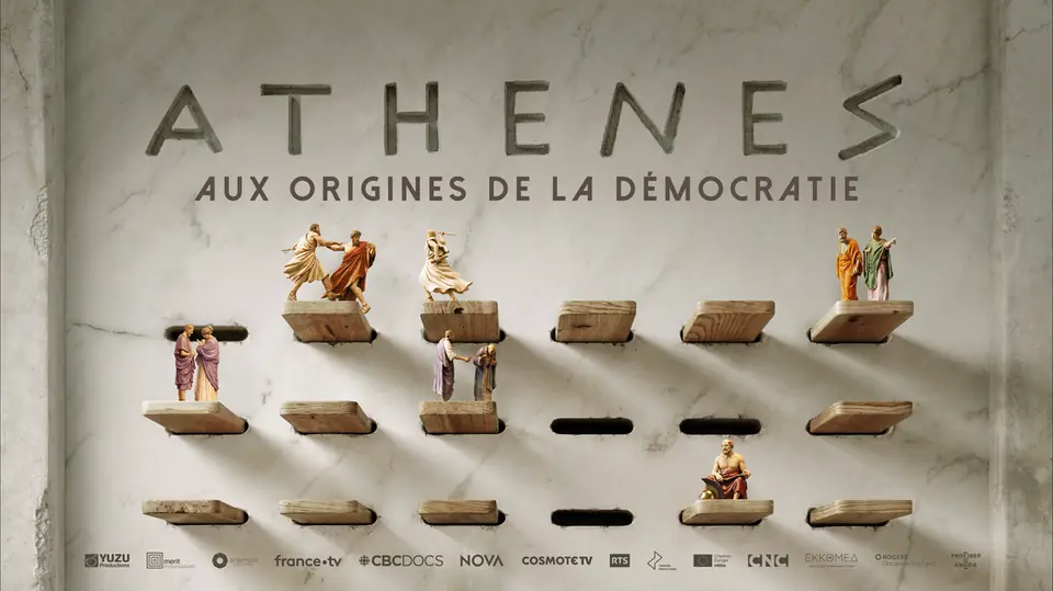 Official Athens: Birth of Democracy cover showing ancient figures on an abacus beneath the French title