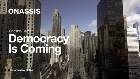 Official Democracy Is Coming cover with the film title over a New York street view.