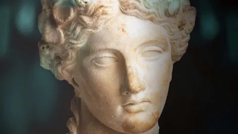 Official Greeks and Barbarians programme image showing a close view of a classical sculpted head.