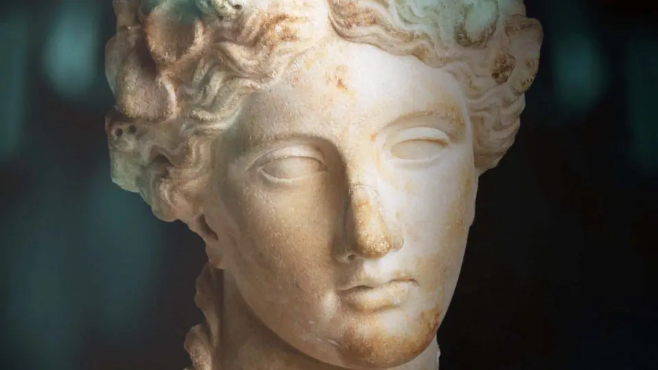 Official Greeks and Barbarians programme image showing a close view of a classical sculpted head.