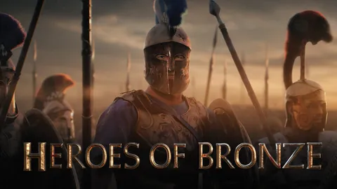 Official Heroes of Bronze promotional artwork with helmeted warriors and the title.
