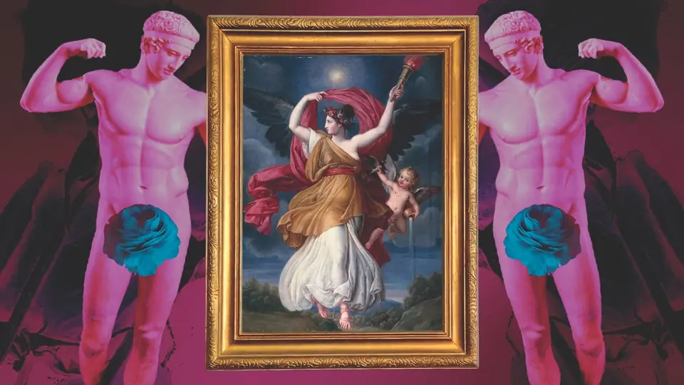 Official Historical Homos episode artwork with a framed mythological painting between pink statues.