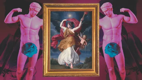 Official Historical Homos episode artwork with a framed mythological painting between pink statues.