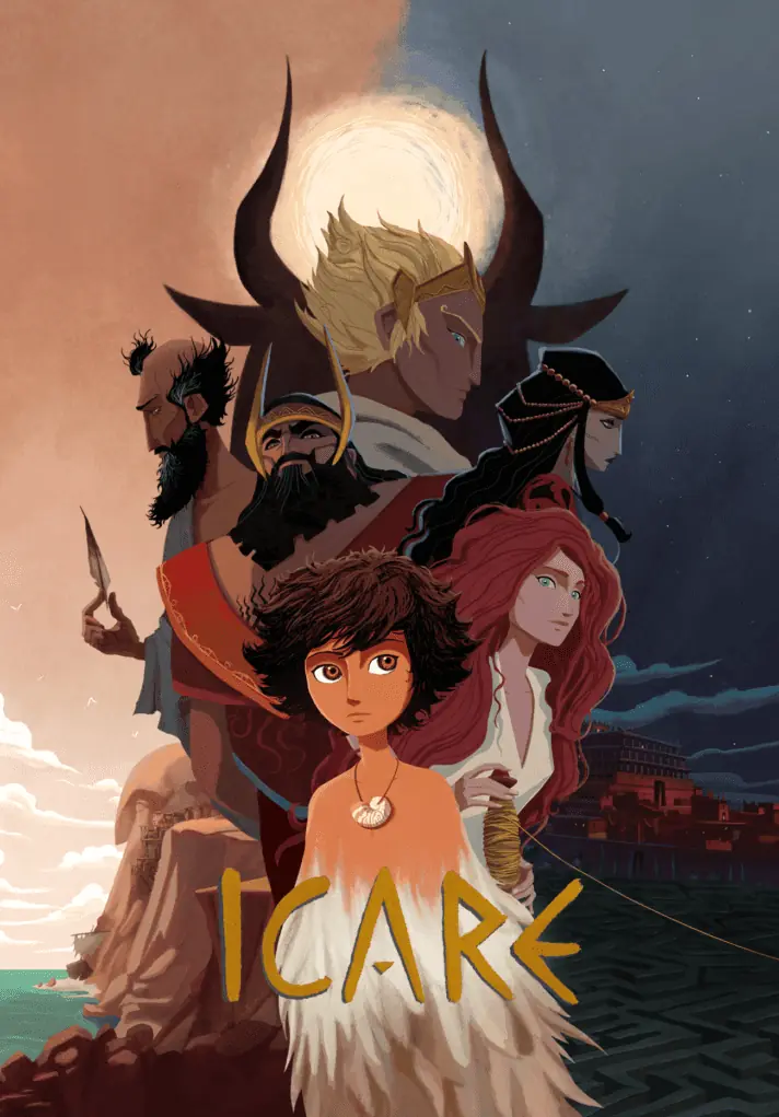 Icare animated film poster with Icarus and the Minotaur beneath the moon