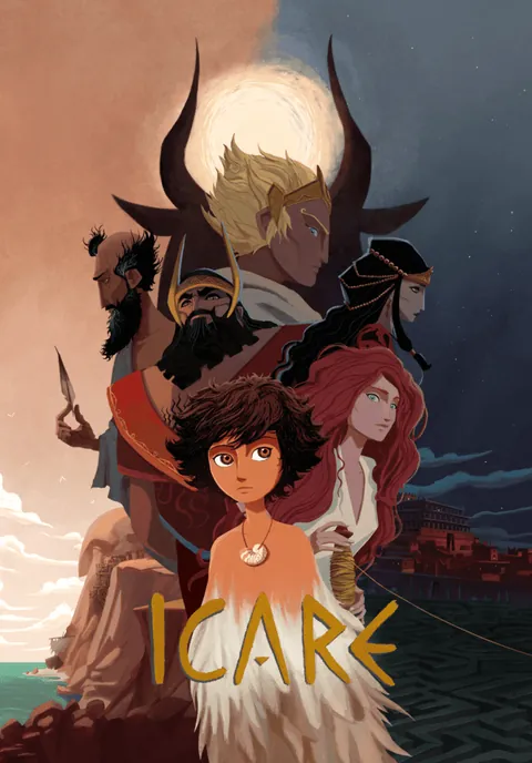 Icare animated film poster with Icarus and the Minotaur beneath the moon