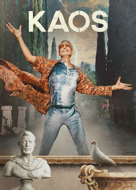 Official KAOS poster with Jeff Goldblum as Zeus standing inside a framed mythological scene