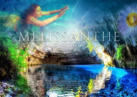 Melissanthe Is Her Name poster combining a nymph with the cave lake of Melissani