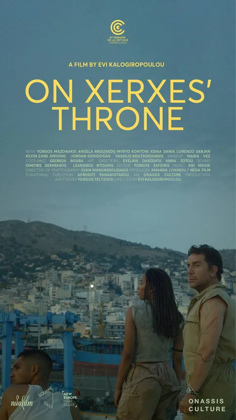 On Xerxes’ Throne poster with yellow title and people overlooking the Perama shipyard