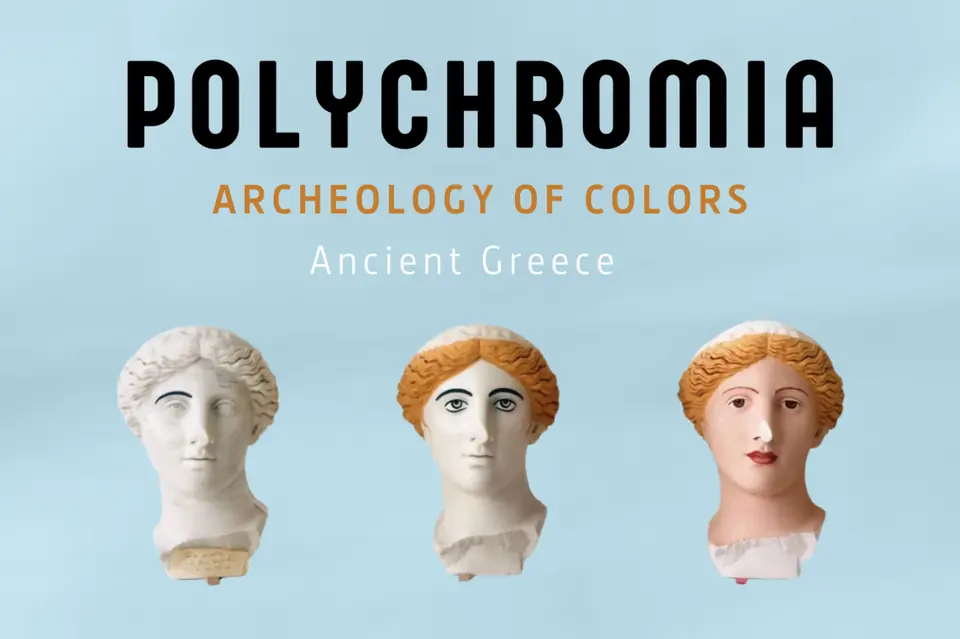Official Polychromia: Archaeology of Colors — Ancient Greece cover with three differently coloured ancient sculpted heads