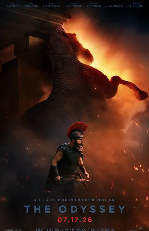 Official The Odyssey poster with an armed warrior beneath a burning Trojan horse